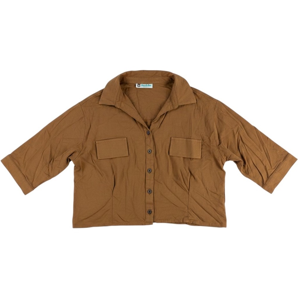 Pelo de Oso Women's Brown Cropped Button Front Utility Shirt Roll Tab Sleeve